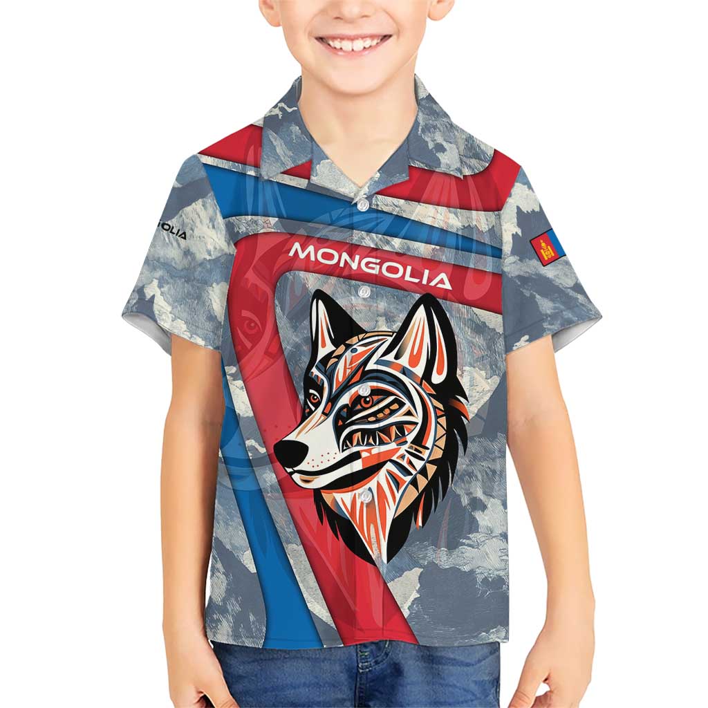 Mongolia Kid Hawaiian Shirt with Tribal Wolf Clouds Red Blue Flag Spirit