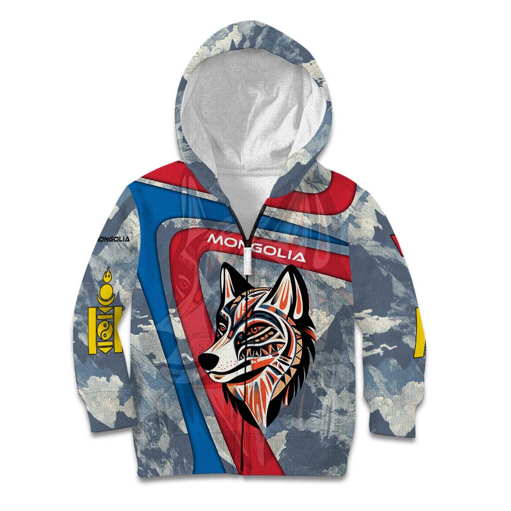 Mongolia Kid Hoodie with Tribal Wolf Clouds Red Blue Flag Spirit