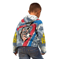 Mongolia Kid Hoodie with Tribal Wolf Clouds Red Blue Flag Spirit