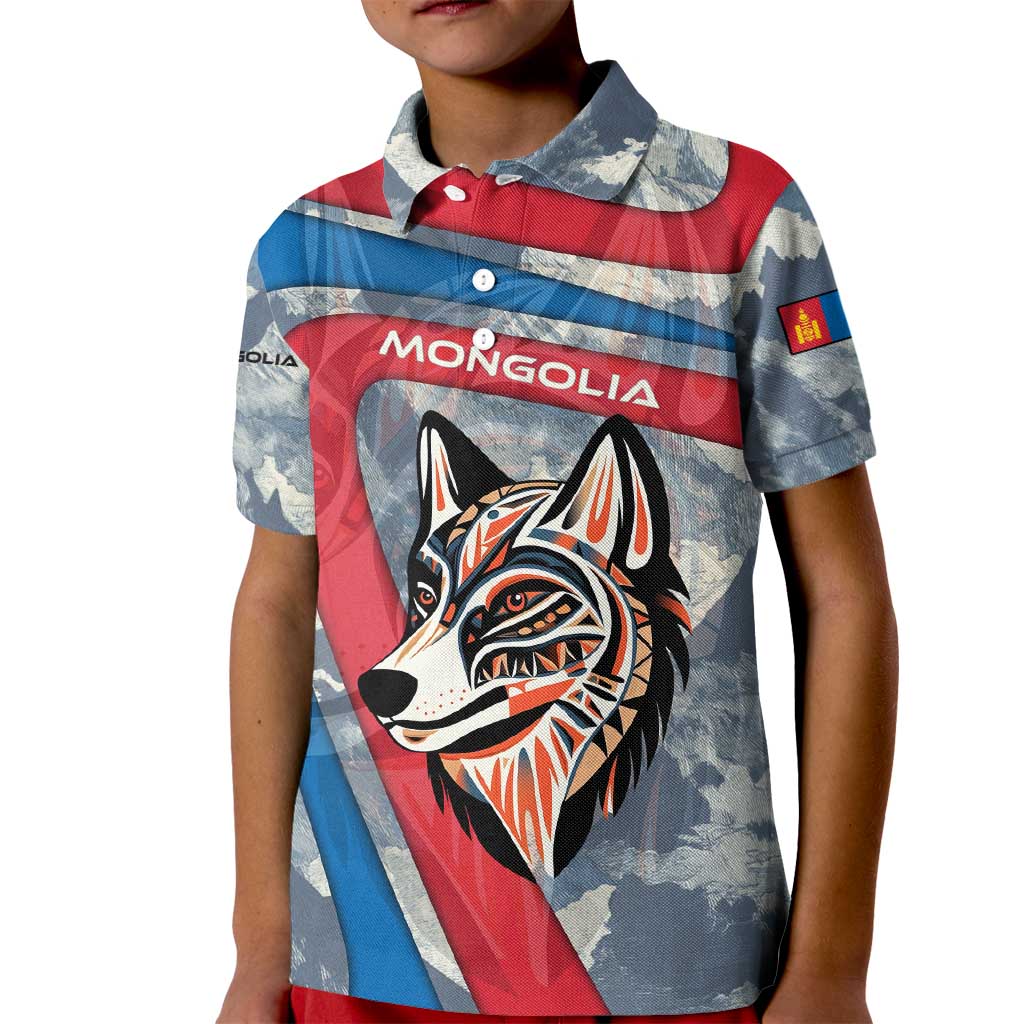 Mongolia Kid Polo Shirt with Tribal Wolf Clouds Red Blue Flag Spirit