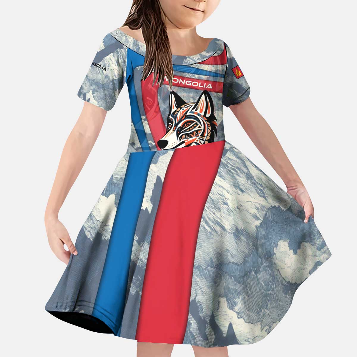 Mongolia Kid Short Sleeve Dress with Tribal Wolf Clouds Red Blue Flag Spirit