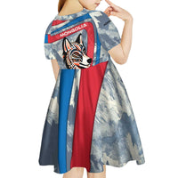 Mongolia Kid Short Sleeve Dress with Tribal Wolf Clouds Red Blue Flag Spirit