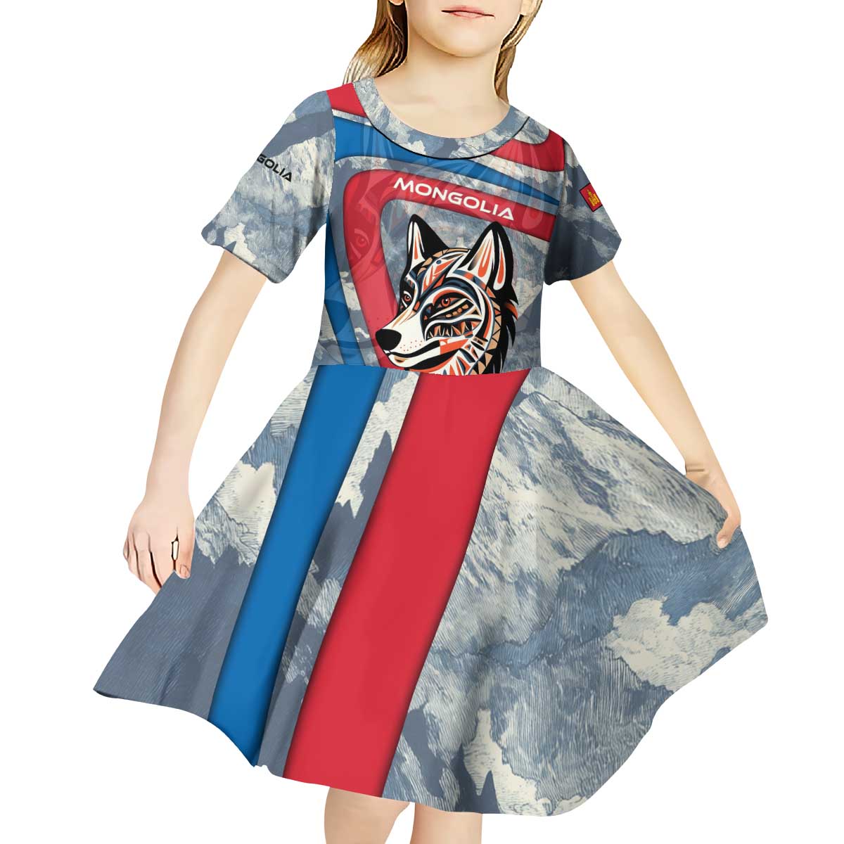 Mongolia Kid Short Sleeve Dress with Tribal Wolf Clouds Red Blue Flag Spirit