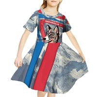 Mongolia Kid Short Sleeve Dress with Tribal Wolf Clouds Red Blue Flag Spirit