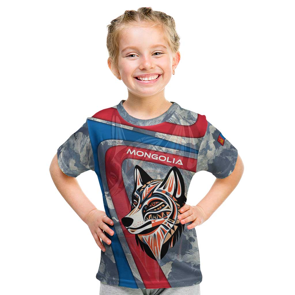 Mongolia Kid T Shirt with Tribal Wolf Clouds Red Blue Flag Spirit