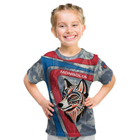 Mongolia Kid T Shirt with Tribal Wolf Clouds Red Blue Flag Spirit