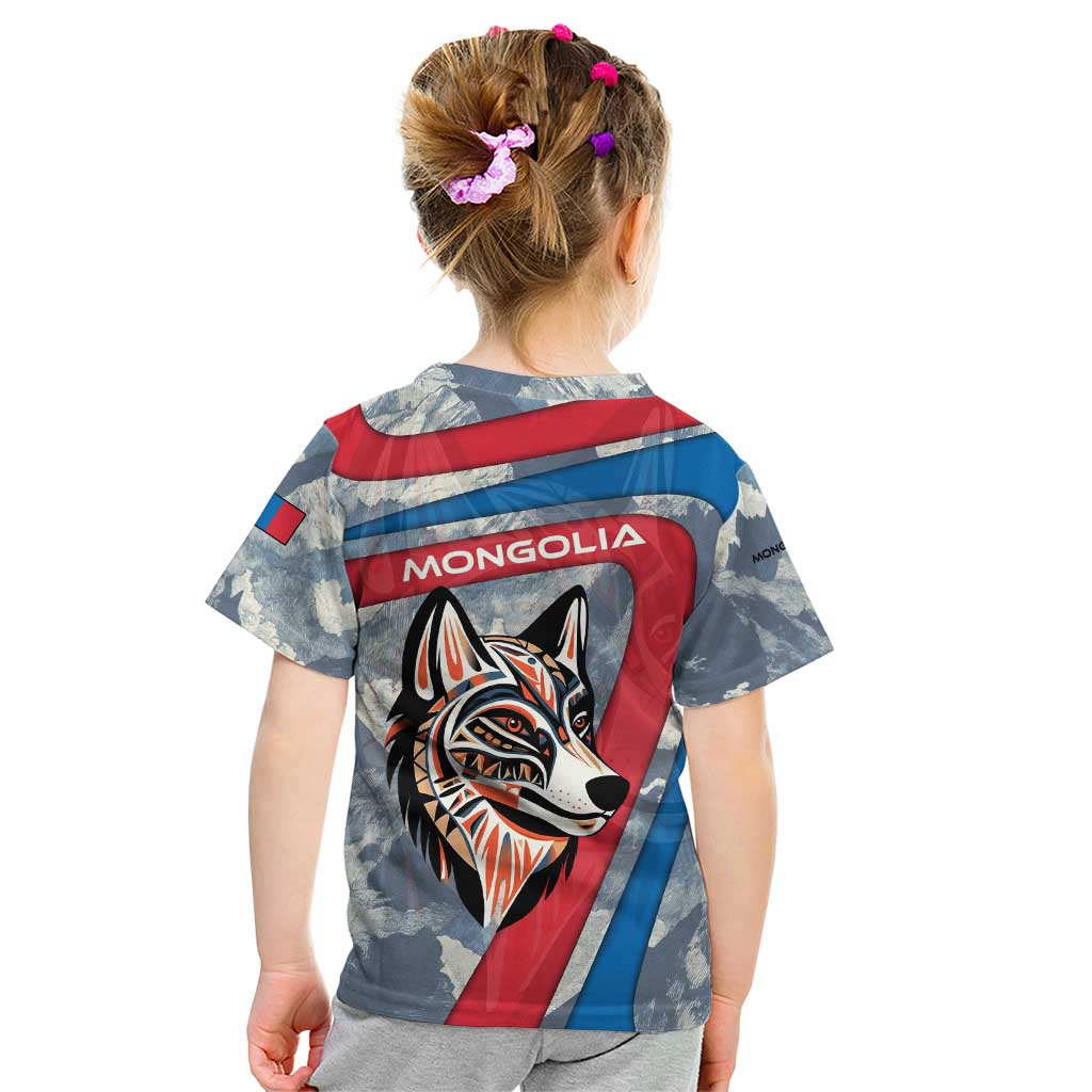 Mongolia Kid T Shirt with Tribal Wolf Clouds Red Blue Flag Spirit