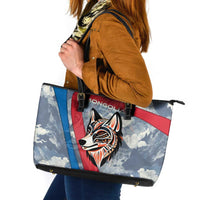 Mongolia Leather Tote Bag with Tribal Wolf Clouds Red Blue Flag Spirit