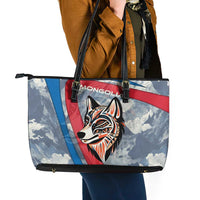 Mongolia Leather Tote Bag with Tribal Wolf Clouds Red Blue Flag Spirit