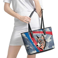 Mongolia Leather Tote Bag with Tribal Wolf Clouds Red Blue Flag Spirit