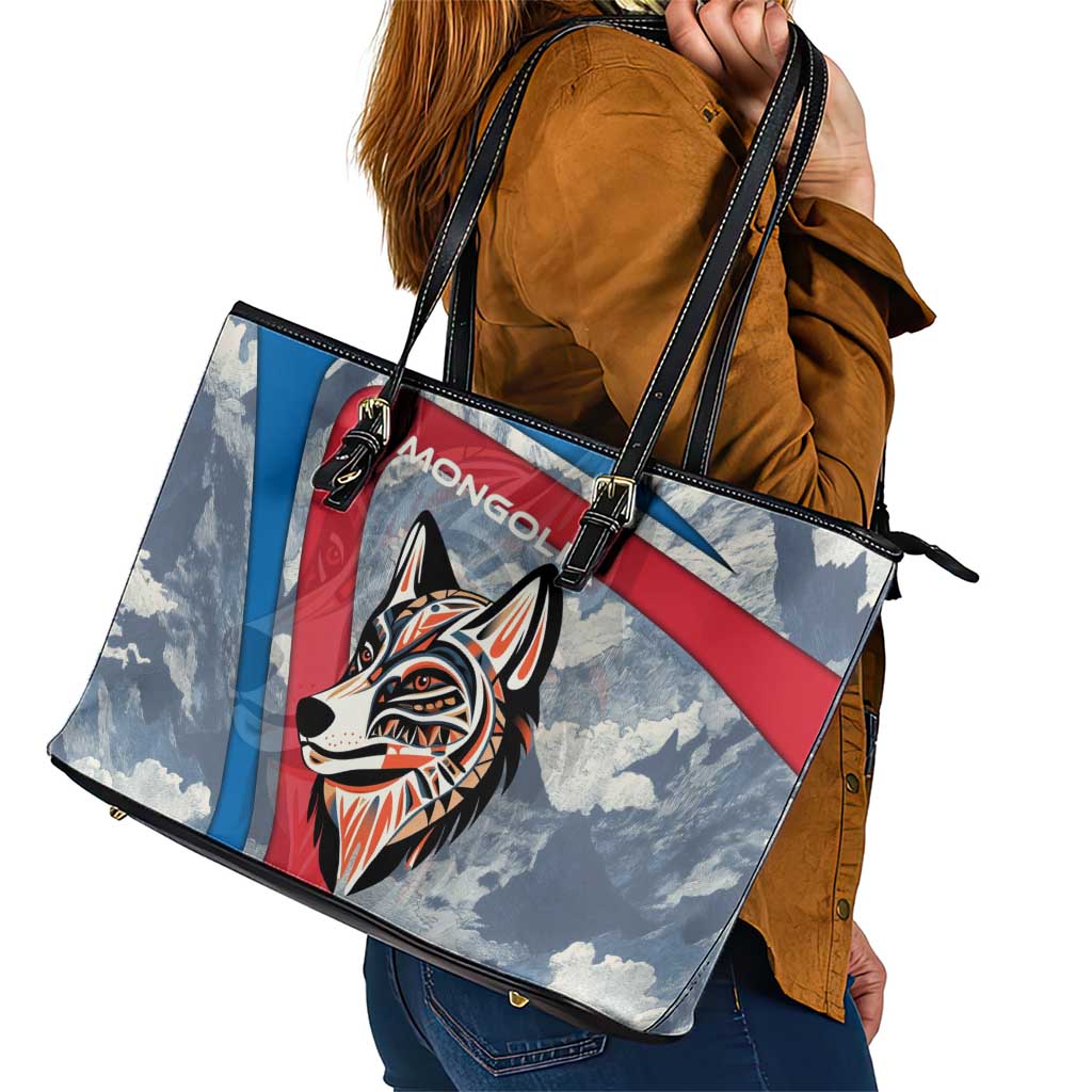 Mongolia Leather Tote Bag with Tribal Wolf Clouds Red Blue Flag Spirit