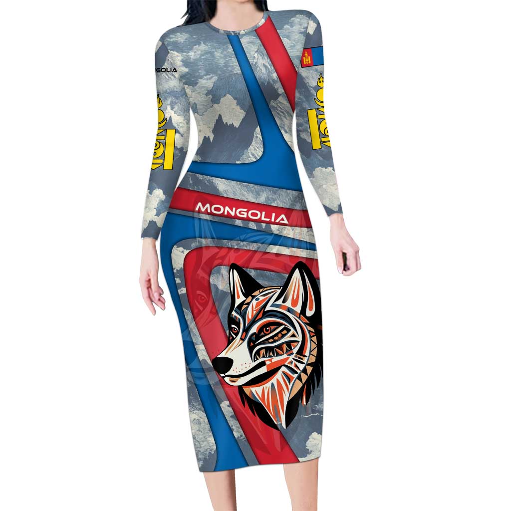 Mongolia Long Sleeve Bodycon Dress with Tribal Wolf Clouds Red Blue Flag Spirit