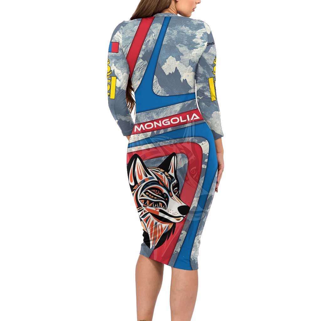 Mongolia Long Sleeve Bodycon Dress with Tribal Wolf Clouds Red Blue Flag Spirit