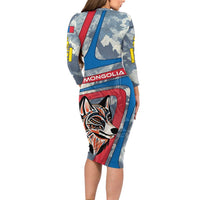 Mongolia Long Sleeve Bodycon Dress with Tribal Wolf Clouds Red Blue Flag Spirit