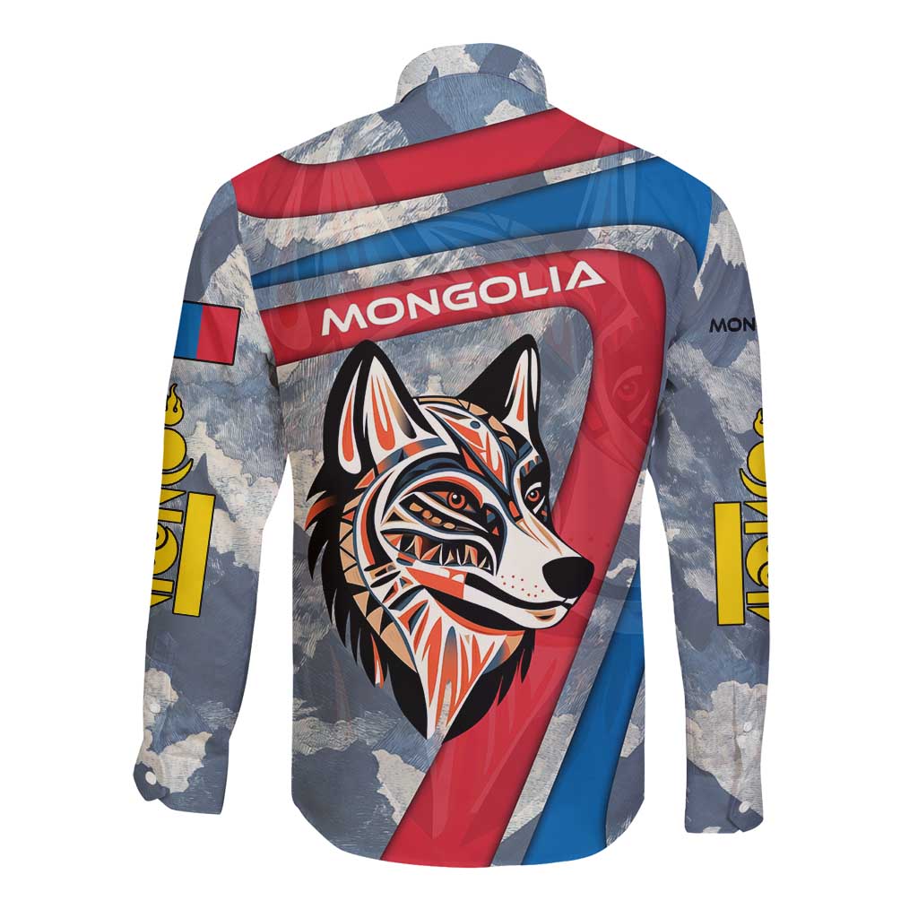 Mongolia Long Sleeve Button Shirt with Tribal Wolf Clouds Red Blue Flag Spirit