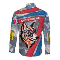 Mongolia Long Sleeve Button Shirt with Tribal Wolf Clouds Red Blue Flag Spirit