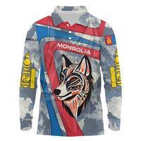 Mongolia Long Sleeve Polo Shirt with Tribal Wolf Clouds Red Blue Flag Spirit