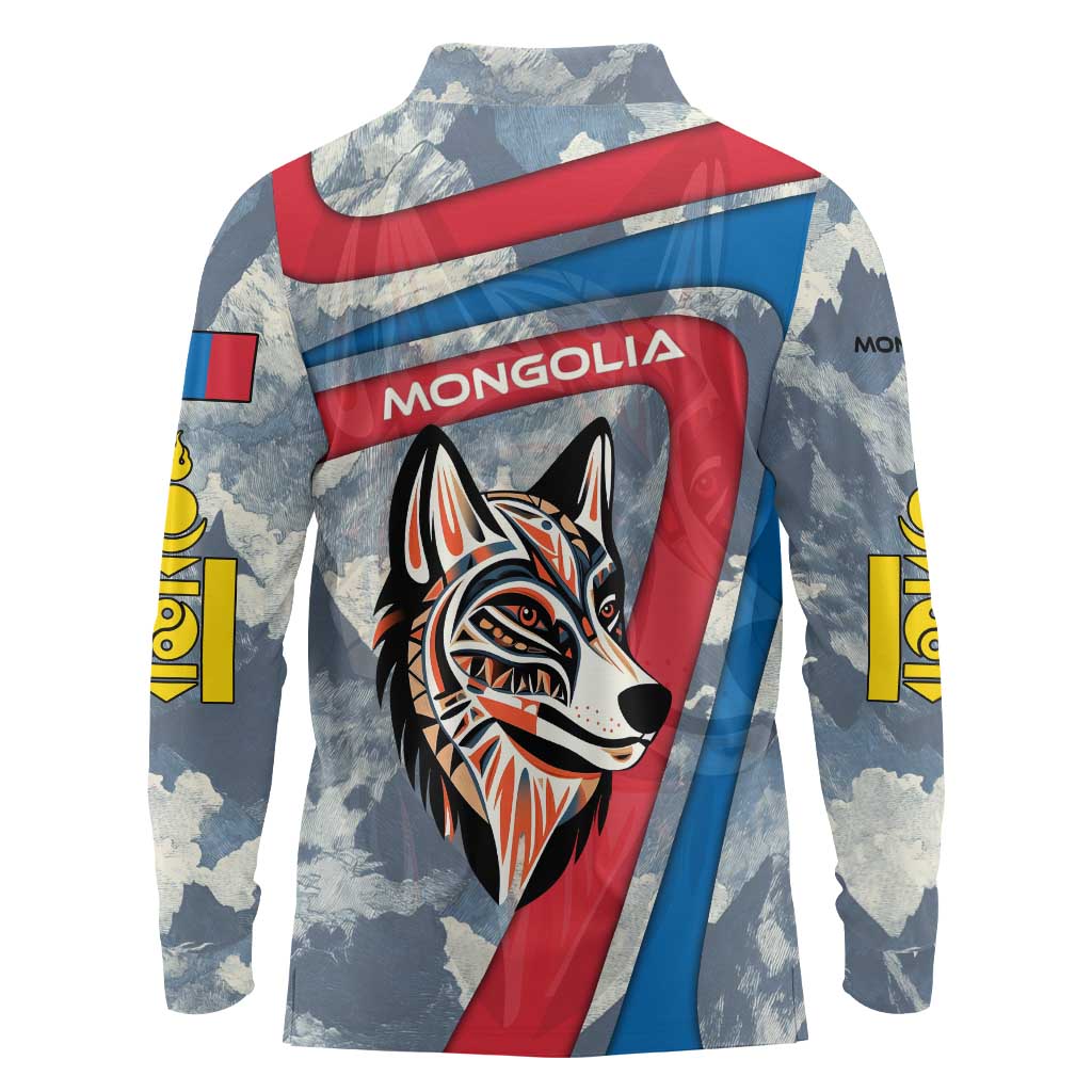 Mongolia Long Sleeve Polo Shirt with Tribal Wolf Clouds Red Blue Flag Spirit