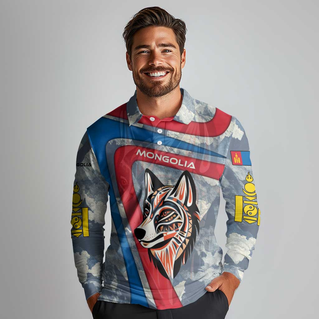 Mongolia Long Sleeve Polo Shirt with Tribal Wolf Clouds Red Blue Flag Spirit