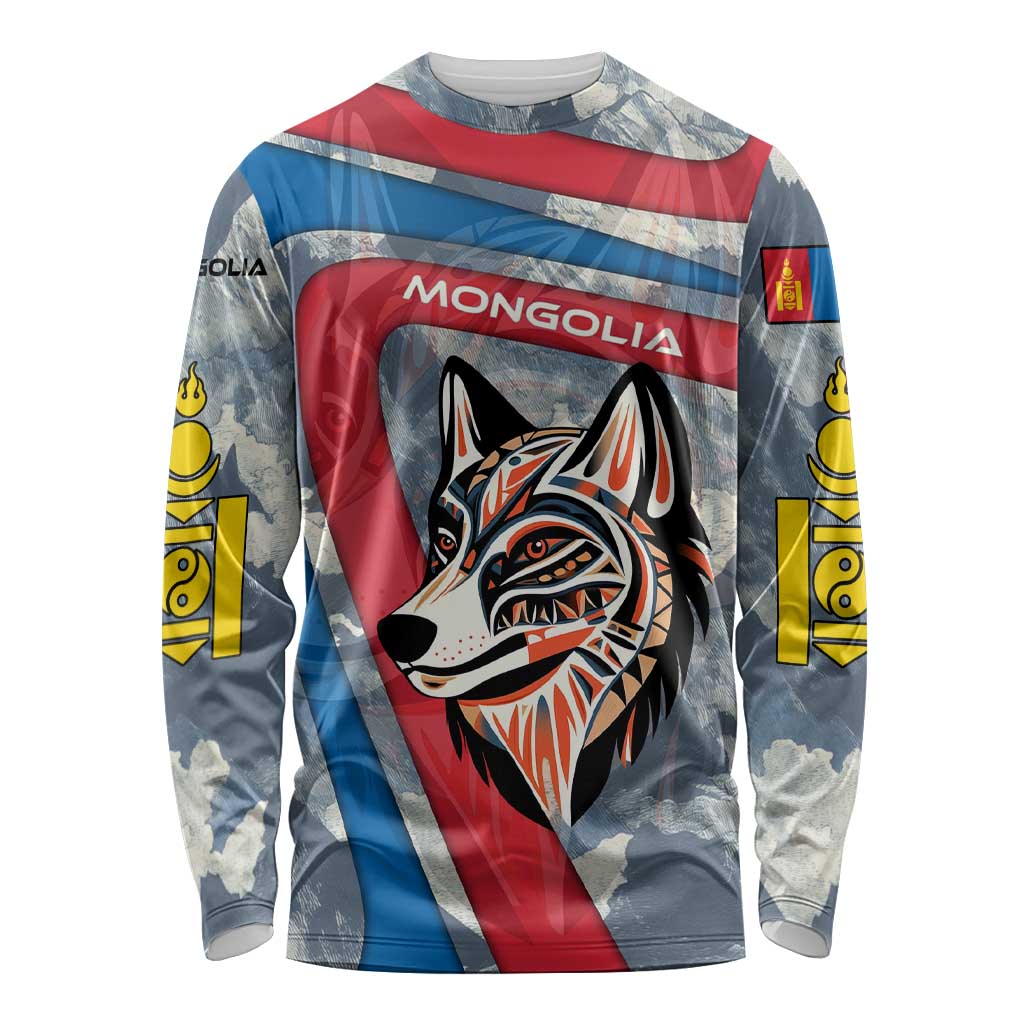 Mongolia Long Sleeve Shirt with Tribal Wolf Clouds Red Blue Flag Spirit
