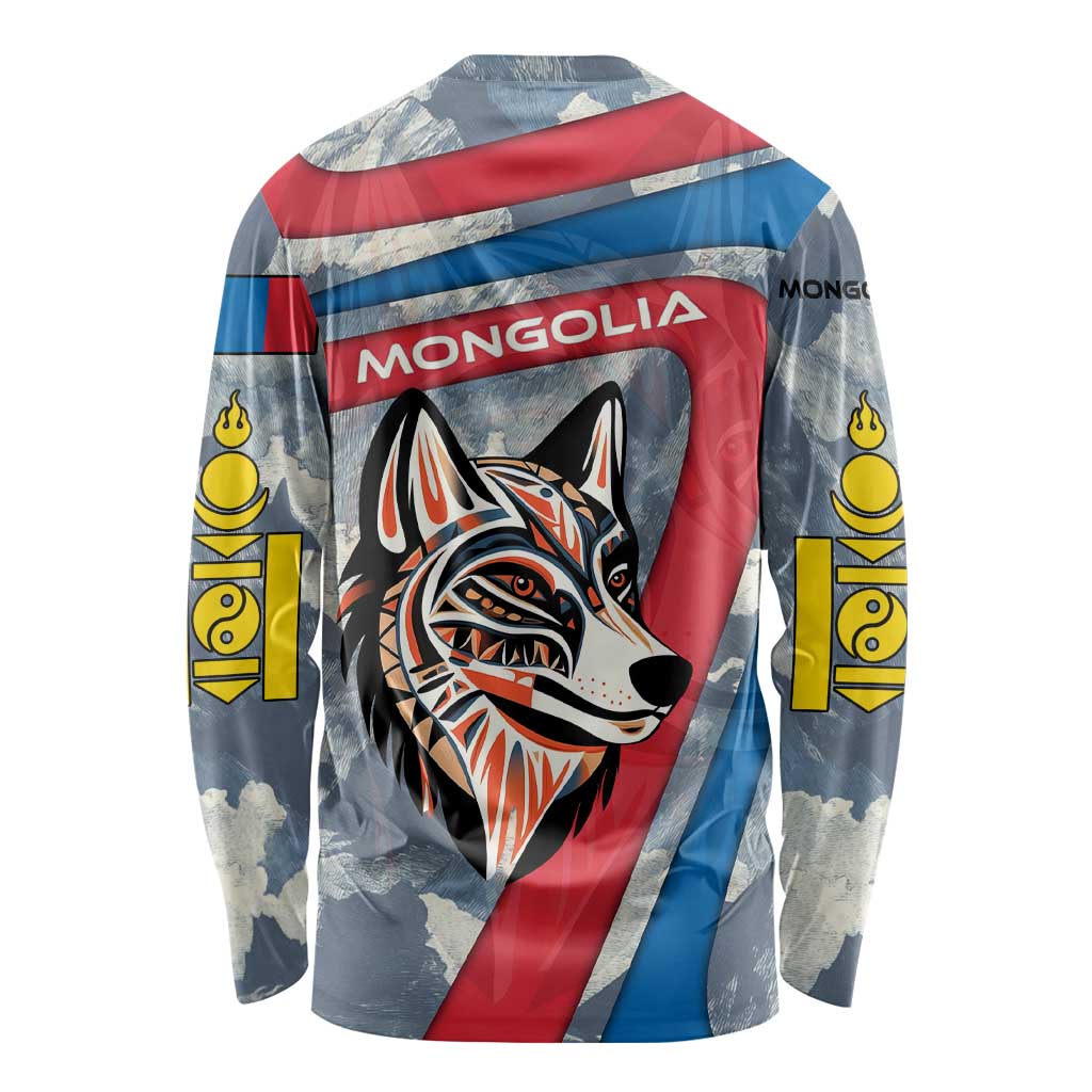 Mongolia Long Sleeve Shirt with Tribal Wolf Clouds Red Blue Flag Spirit