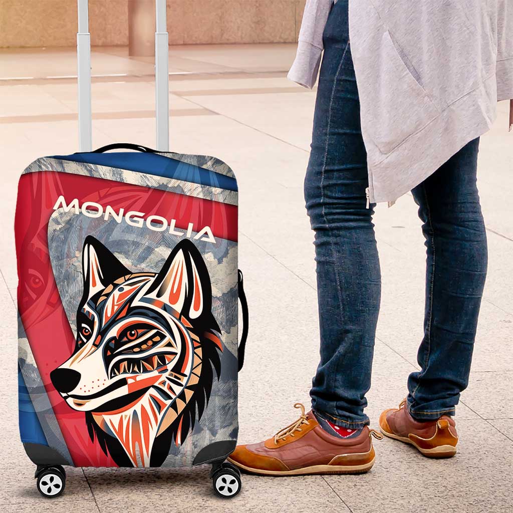 Mongolia Luggage Cover with Tribal Wolf Clouds Red Blue Flag Spirit