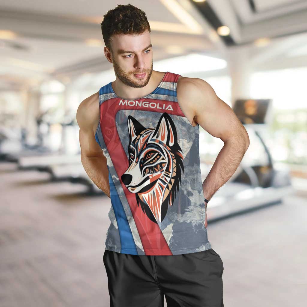 Mongolia Men Tank Top with Tribal Wolf Clouds Red Blue Flag Spirit
