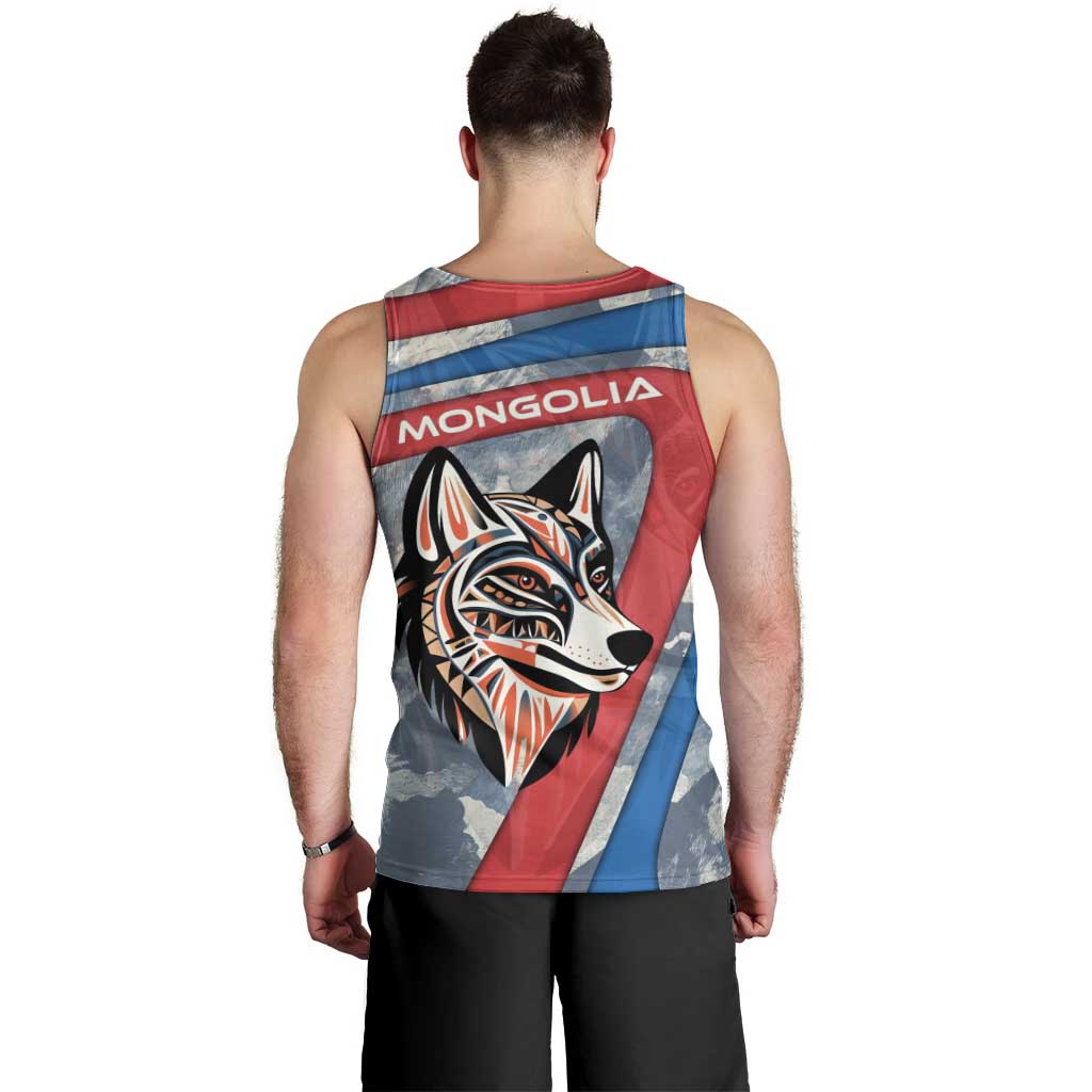 Mongolia Men Tank Top with Tribal Wolf Clouds Red Blue Flag Spirit