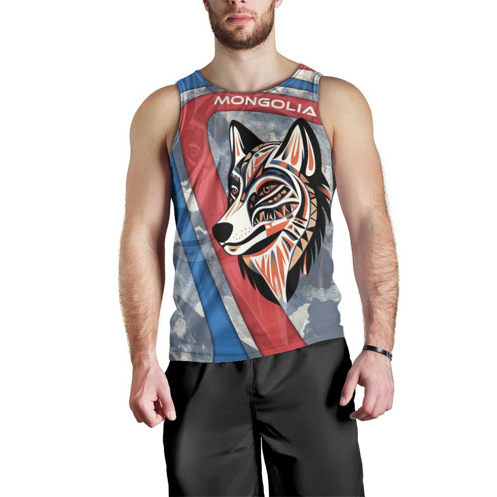 Mongolia Men Tank Top with Tribal Wolf Clouds Red Blue Flag Spirit