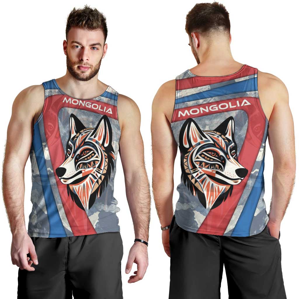 Mongolia Men Tank Top with Tribal Wolf Clouds Red Blue Flag Spirit