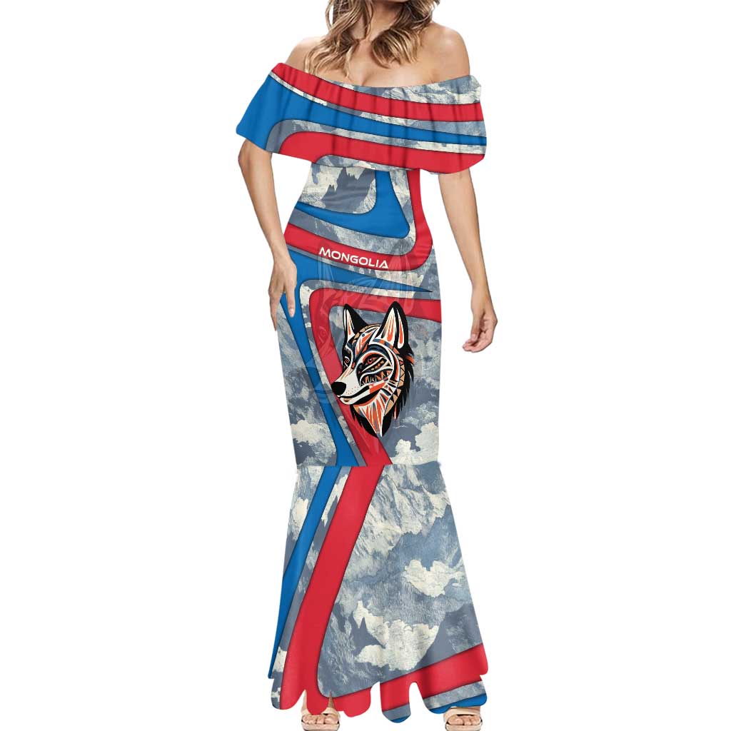 Mongolia Mermaid Dress with Tribal Wolf Clouds Red Blue Flag Spirit