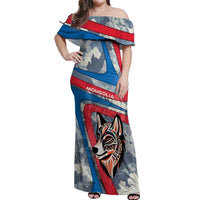 Mongolia Off Shoulder Maxi Dress with Tribal Wolf Clouds Red Blue Flag Spirit