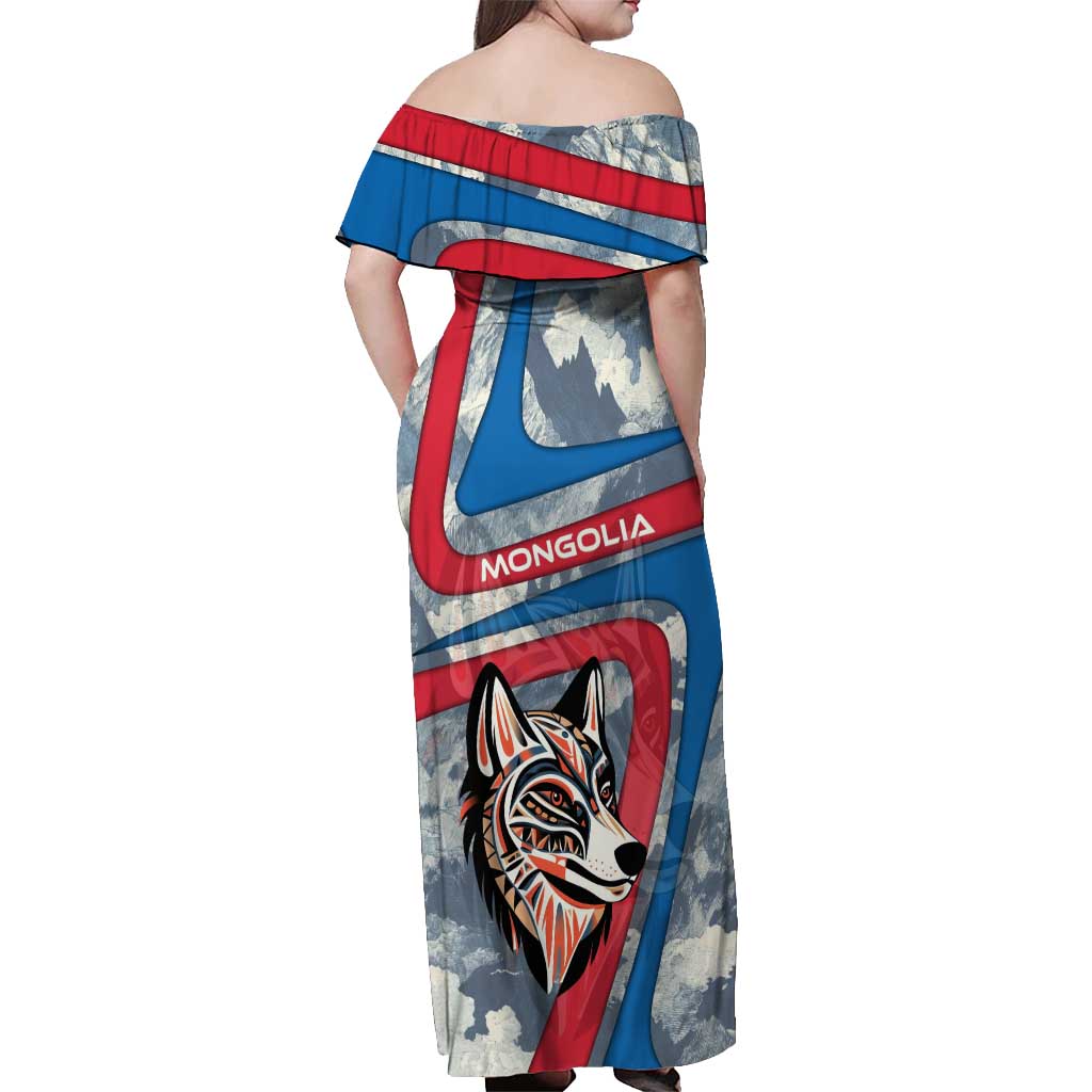 Mongolia Off Shoulder Maxi Dress with Tribal Wolf Clouds Red Blue Flag Spirit