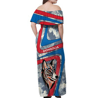 Mongolia Off Shoulder Maxi Dress with Tribal Wolf Clouds Red Blue Flag Spirit
