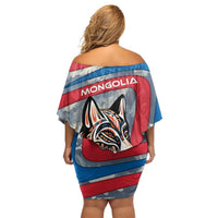 Mongolia Off Shoulder Short Dress with Tribal Wolf Clouds Red Blue Flag Spirit