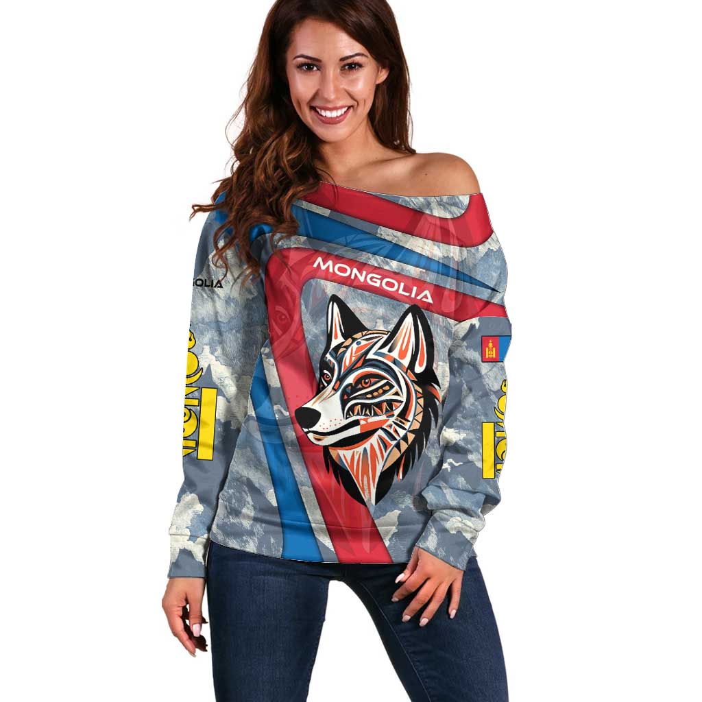 Mongolia Off Shoulder Sweater with Tribal Wolf Clouds Red Blue Flag Spirit