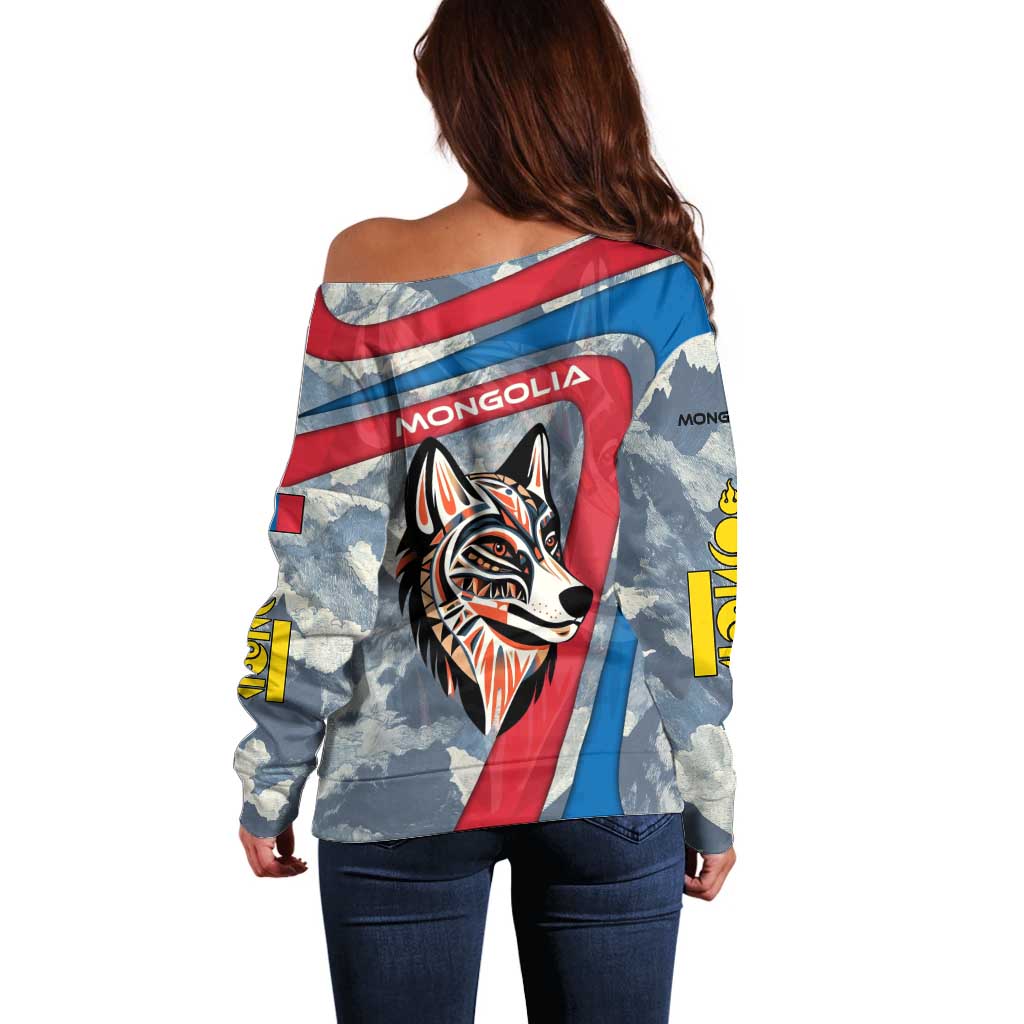 Mongolia Off Shoulder Sweater with Tribal Wolf Clouds Red Blue Flag Spirit