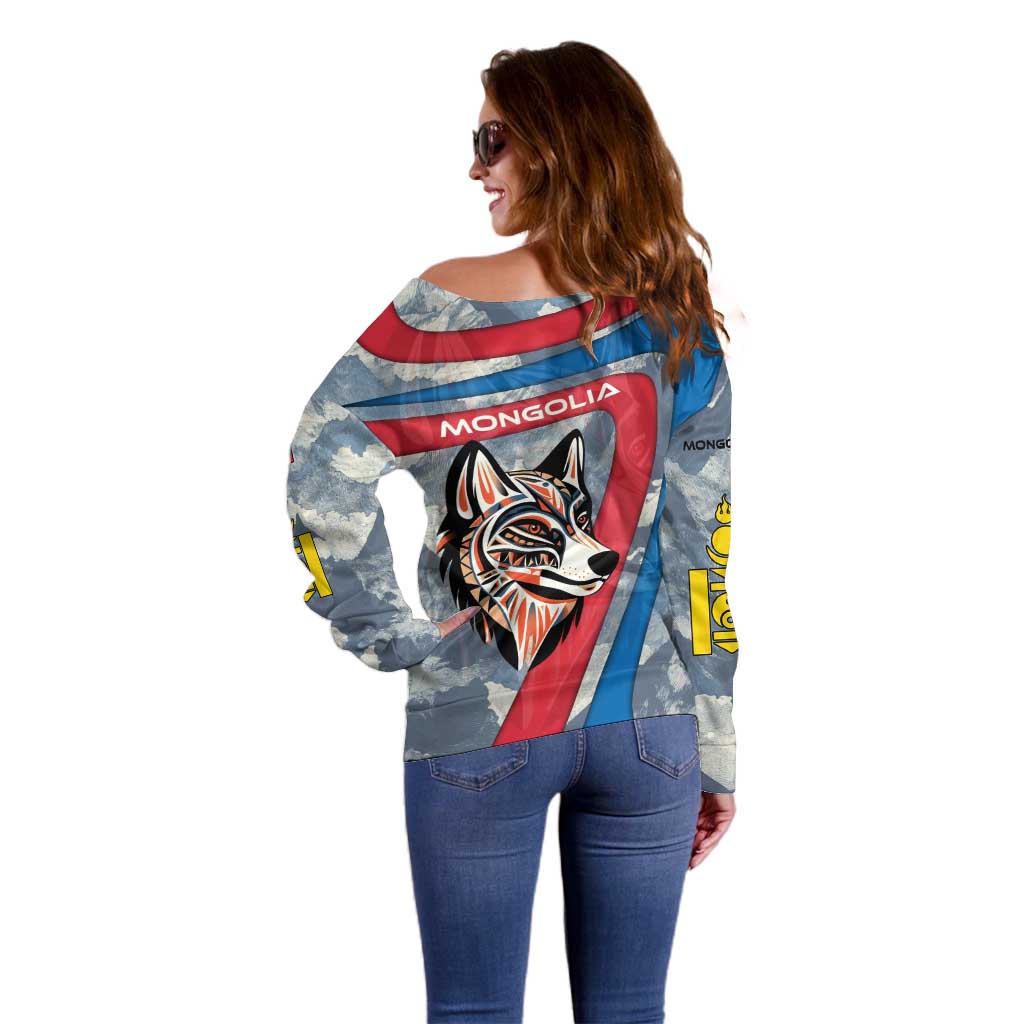 Mongolia Off Shoulder Sweater with Tribal Wolf Clouds Red Blue Flag Spirit