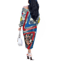 Mongolia Off The Shoulder Long Sleeve Dress with Tribal Wolf Clouds Red Blue Flag Spirit
