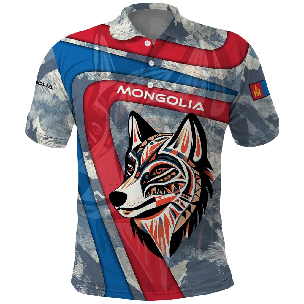 Mongolia Polo Shirt with Tribal Wolf Clouds Red Blue Flag Spirit