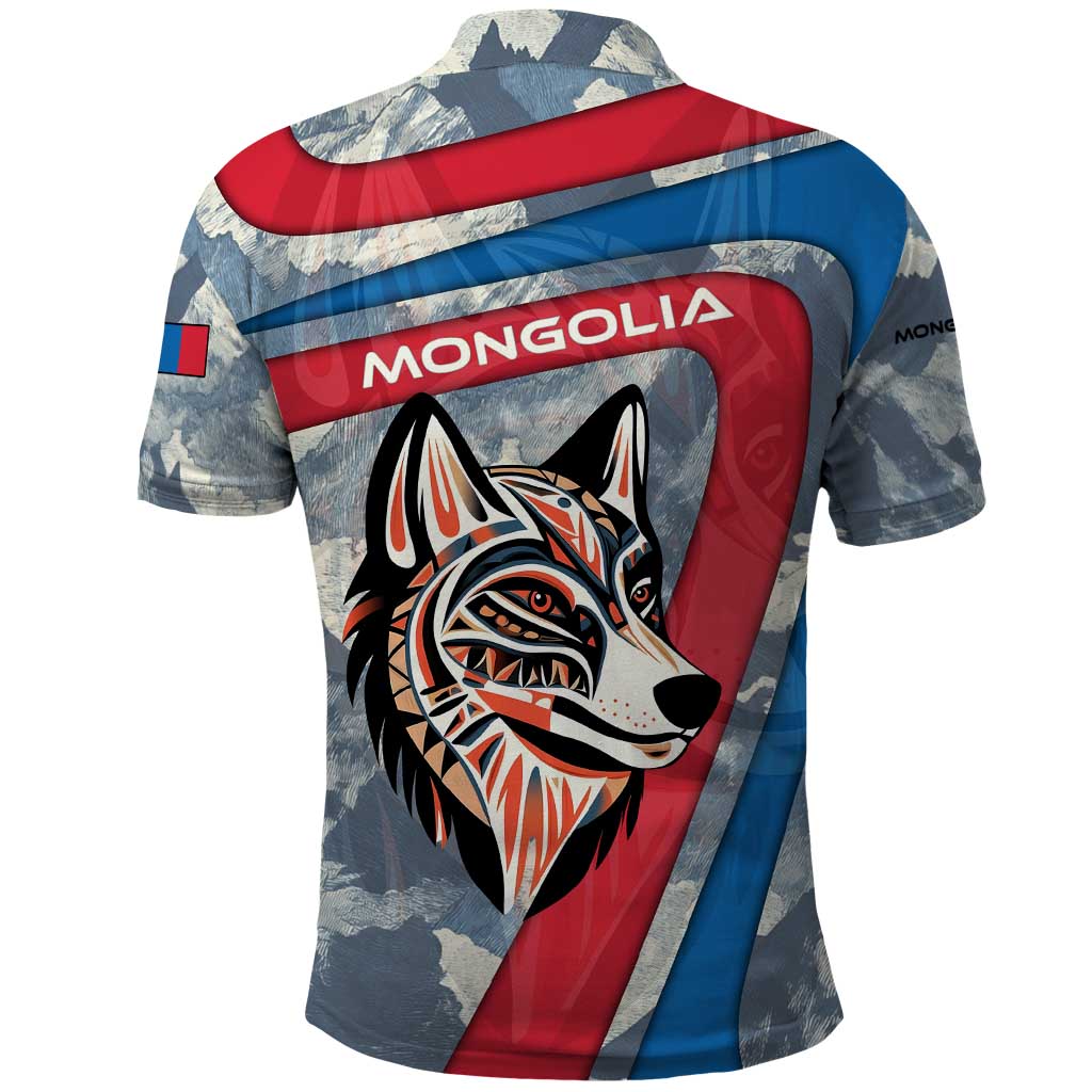 Mongolia Polo Shirt with Tribal Wolf Clouds Red Blue Flag Spirit