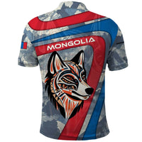 Mongolia Polo Shirt with Tribal Wolf Clouds Red Blue Flag Spirit