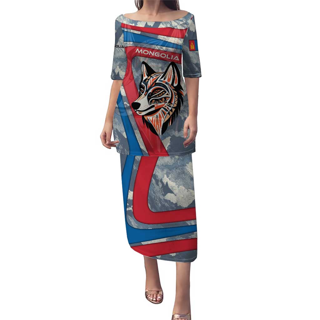 Mongolia Puletasi with Tribal Wolf Clouds Red Blue Flag Spirit