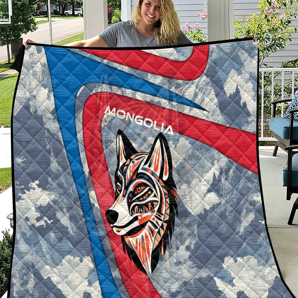 Mongolia Quilt with Tribal Wolf Clouds Red Blue Flag Spirit