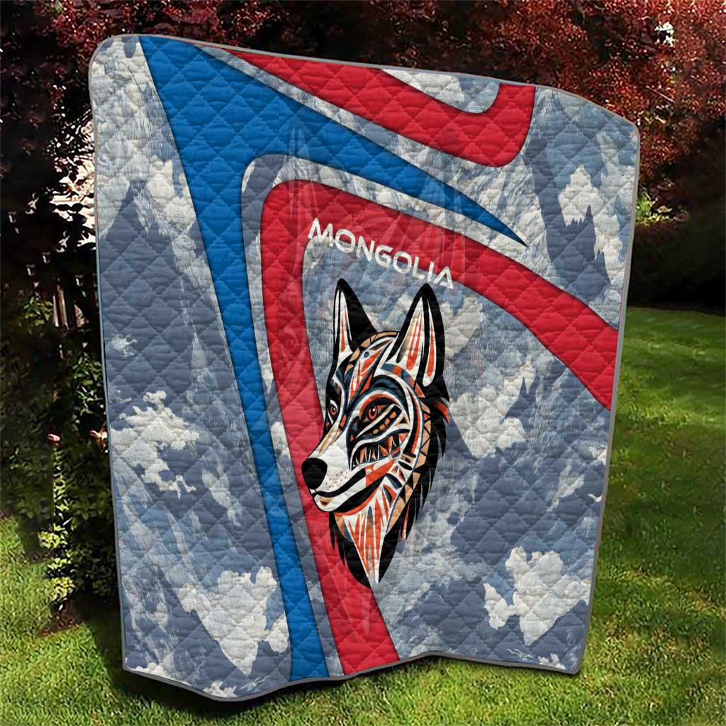 Mongolia Quilt with Tribal Wolf Clouds Red Blue Flag Spirit