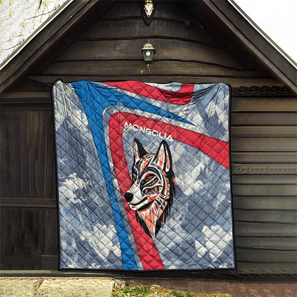 Mongolia Quilt with Tribal Wolf Clouds Red Blue Flag Spirit