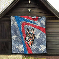 Mongolia Quilt with Tribal Wolf Clouds Red Blue Flag Spirit