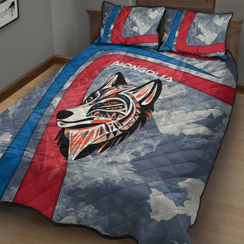 Mongolia Quilt Bed Set with Tribal Wolf Clouds Red Blue Flag Spirit