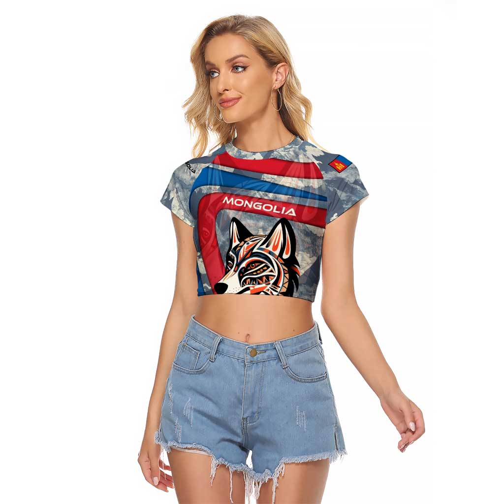 Mongolia Raglan Cropped T Shirt with Tribal Wolf Clouds Red Blue Flag Spirit