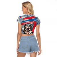 Mongolia Raglan Cropped T Shirt with Tribal Wolf Clouds Red Blue Flag Spirit